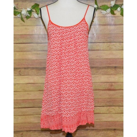 Entro Red & White Summer Mini Dress Size L Geo Pattern Rayon Adjustable Spaghett - Picture 1 of 11